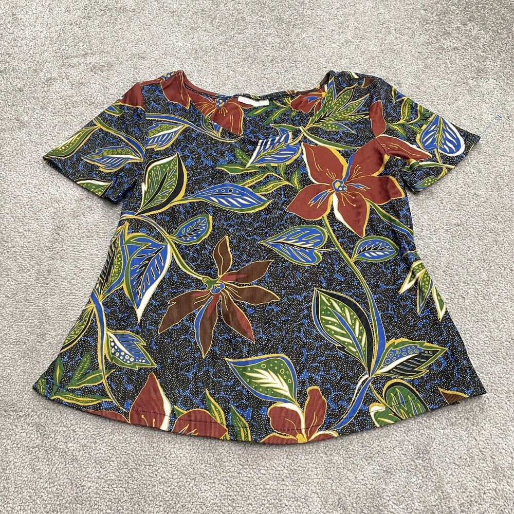 Zara Womens Tropical Floral Print Blouse Medium Multicolor Short Sleeve A Line